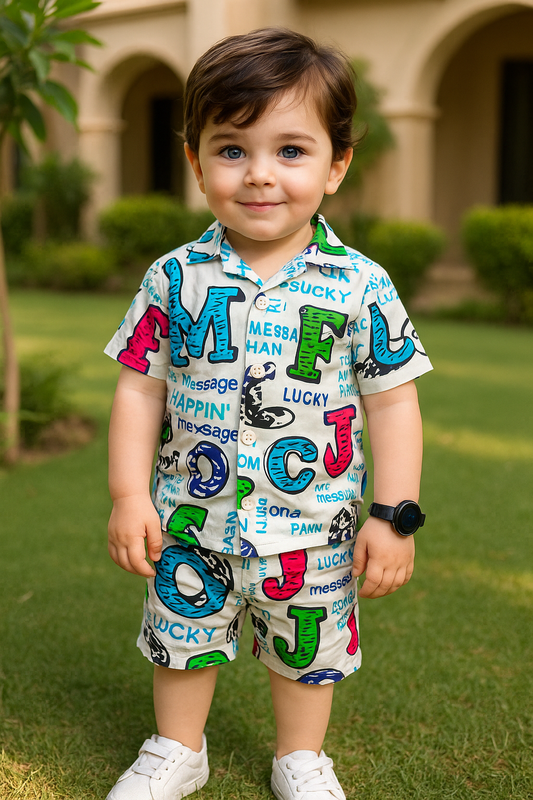 Premium Quality Baby Boy/Girl Summer Co-ord Suit - White Alphabet